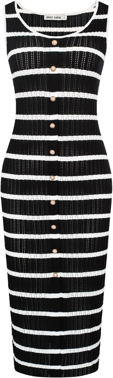 GRACE KARIN 2024 Women's Summer Midi Dresses Sleeveless Hollow Out Crochet Sweater Knit Dress Fro... | Amazon (US)