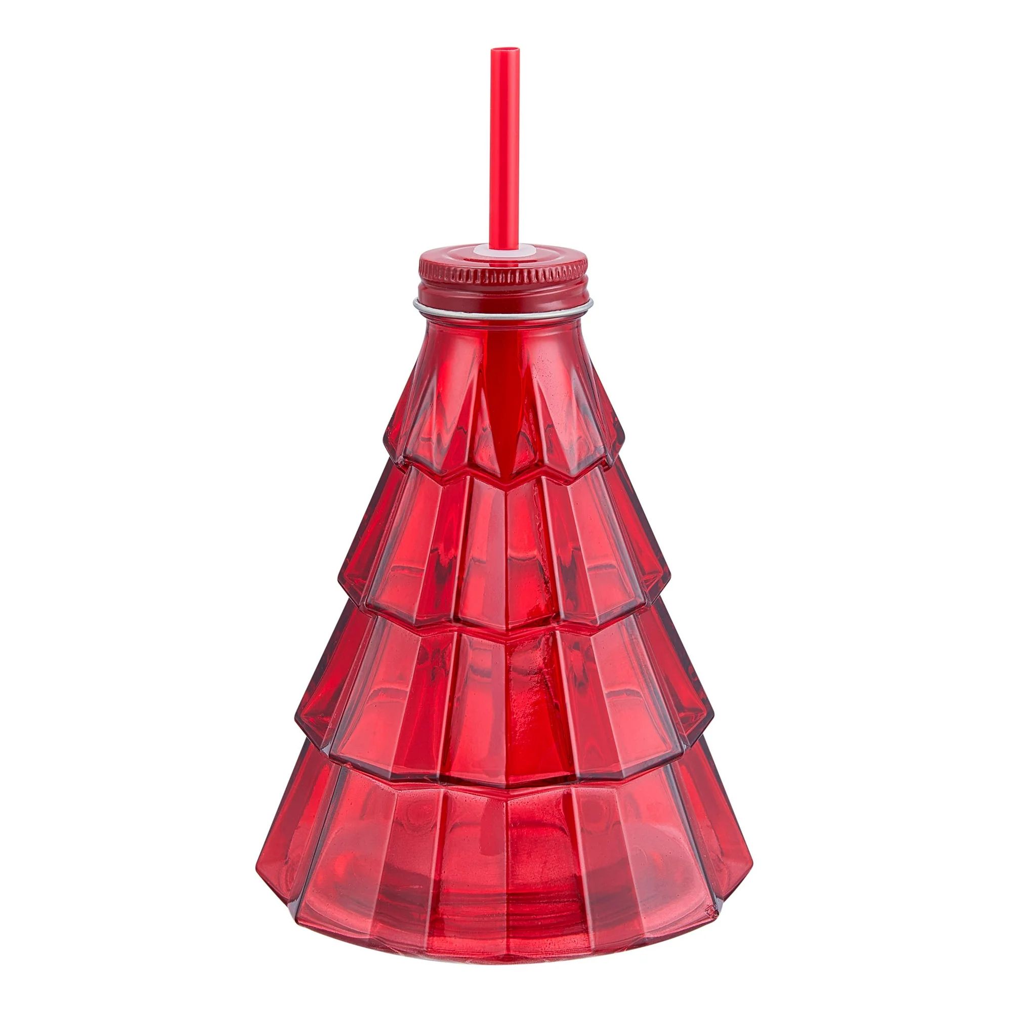 Holiday Time 21-Oz Glass Christmas Tree Sipper with Lid & Straw, Red | Walmart (US)