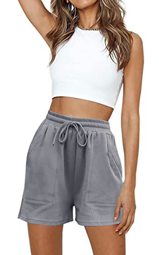 Hibluco Womens Sweat Shorts Summer High Waisted Casual Shorts Comfy Shorts with Pockets A Grey | Amazon (US)