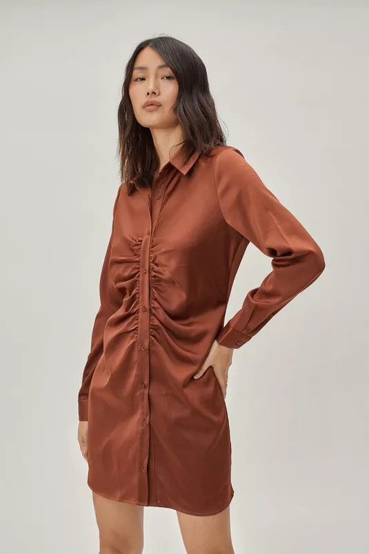 Satin Ruched Front Shirt Mini Dress | Nasty Gal (US)
