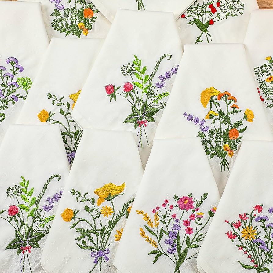 Tioncy 12 Packs Spring Embroidered Wildflower Napkins Bulk Embroider Floral Linen Napkins Cloth W... | Amazon (US)