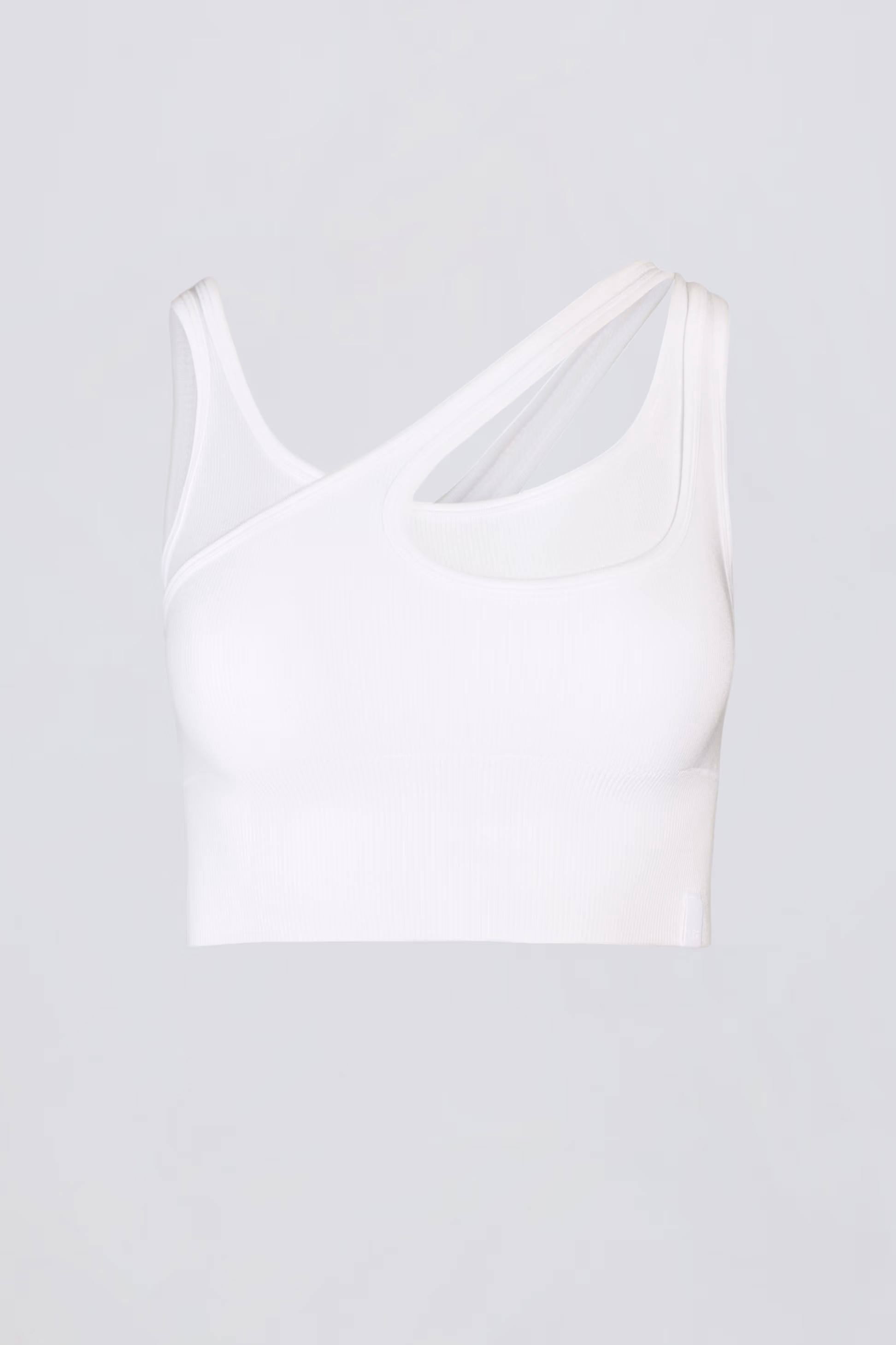 Seamless Soft Rib Asymmetric Sports Bra in White | Bo&Tee