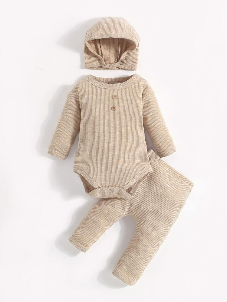 Baby Ribbed Knit Button Detail Bodysuit & Pants & Hat | SHEIN