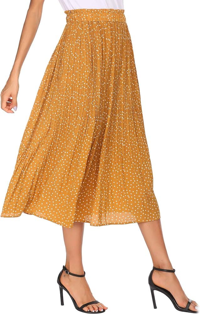 Chigant Womens High Waist Polka Dot Pleated Skirt Mustard Yellow Midi Maxi Swing Skirt with Pocke... | Amazon (US)