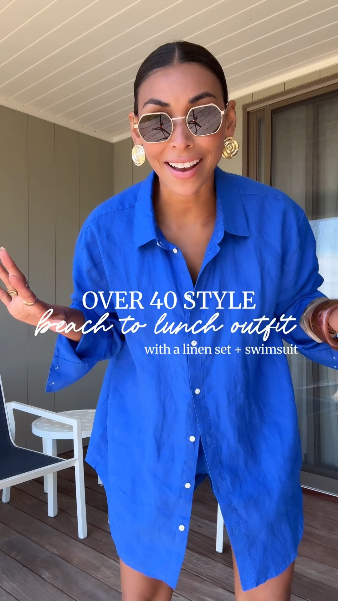 Over 40 style ✨￼Beach to lunch outfit with a linen set + swimsuit from @spanx✨  I’m wearing size medium in both top and bottom they also have other colors like the white one that Amanda is wearing in this video✨