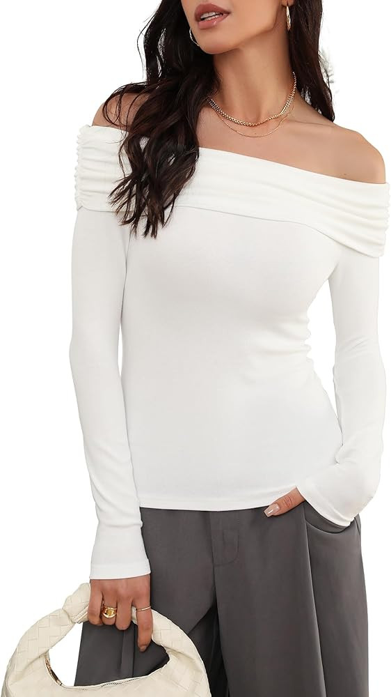 Prettywear Women's Sexy Off Shoulder Tops Business Casual Slim Fit Long Sleeves Spring Fall Blous... | Amazon (US)