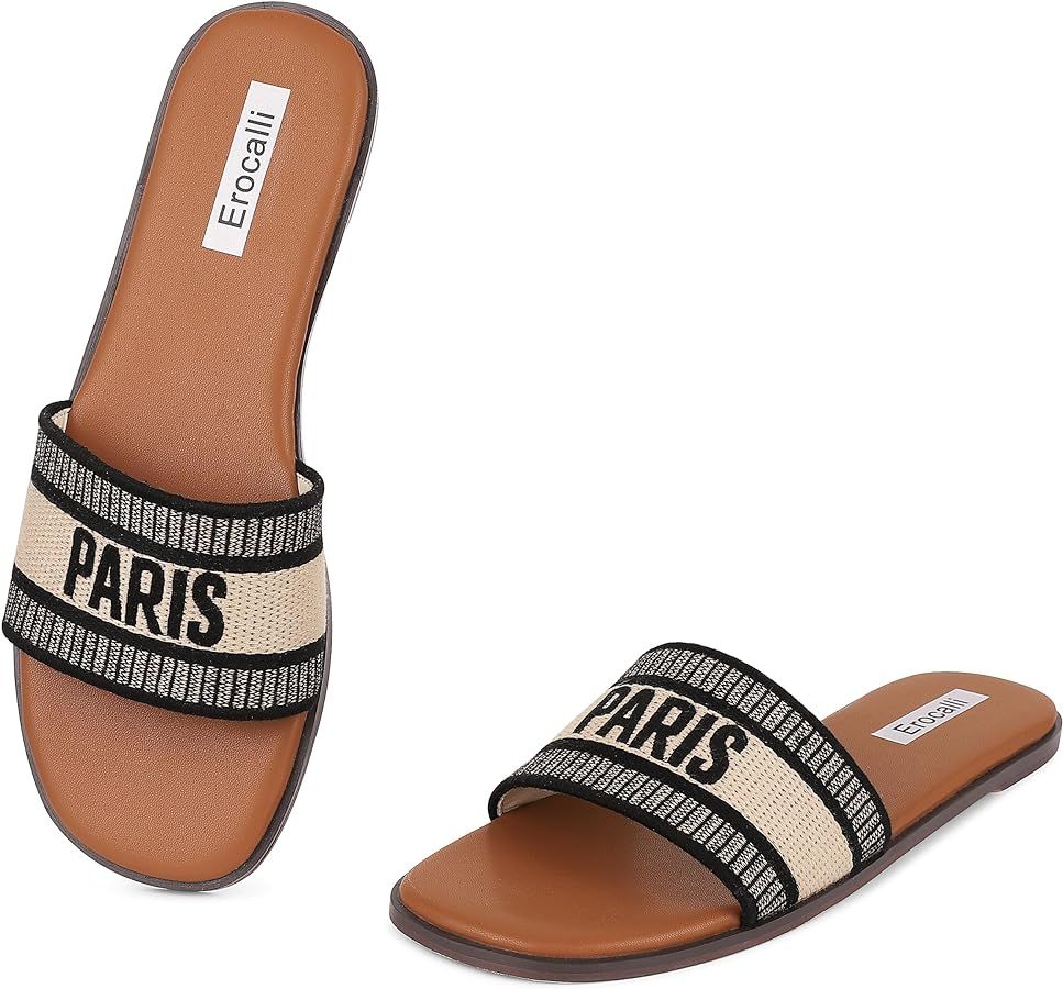 Erocalli Women’s Slides Sandals Flat Sandals for Women Black Sandals Dressy Round Open Toe for ... | Amazon (US)