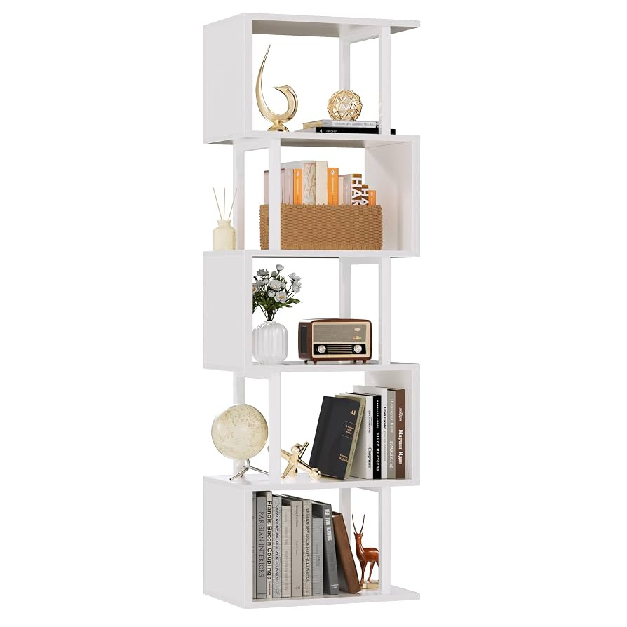 Furologee White Geometric Bookshelf 6 Tier S-Shaped Bookcase, Tall Modern Display Storage Shelf, ... | Amazon (US)