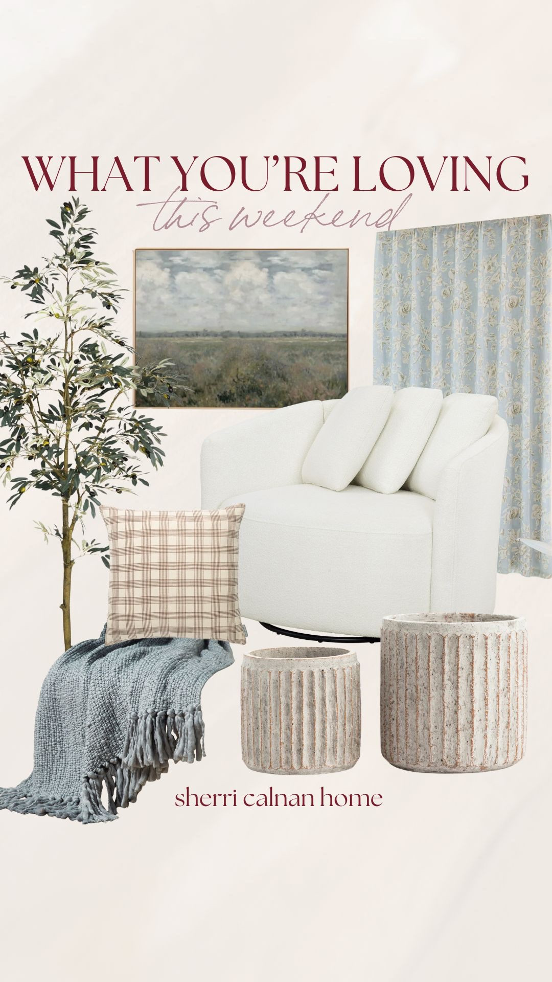 This weekend’s most loved home finds featuring soft blue throw blanket, plaid accent pillow, textured planters, statement artwork, and classic neutral seating for a cozy layered space.

Weekend home favorites, blue throw blanket decor, plaid accent pillow, textured planters, neutral accent chair, framed landscape art, classic home styling, cozy living room refresh, traditional coastal decor, affordable home finds, sherricalnanhome

#LTKHome