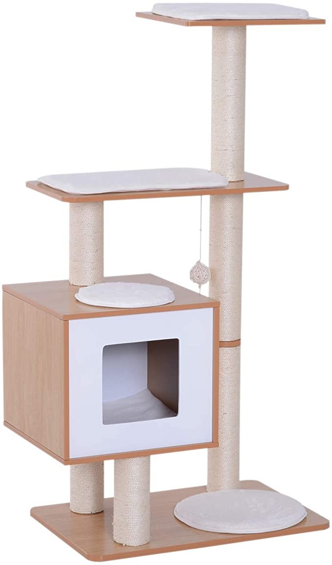 PawHut 47" Premium Wood Cat Tree Kitty Scratching Post Kitten House Condo Activity Center Modern ... | Amazon (CA)