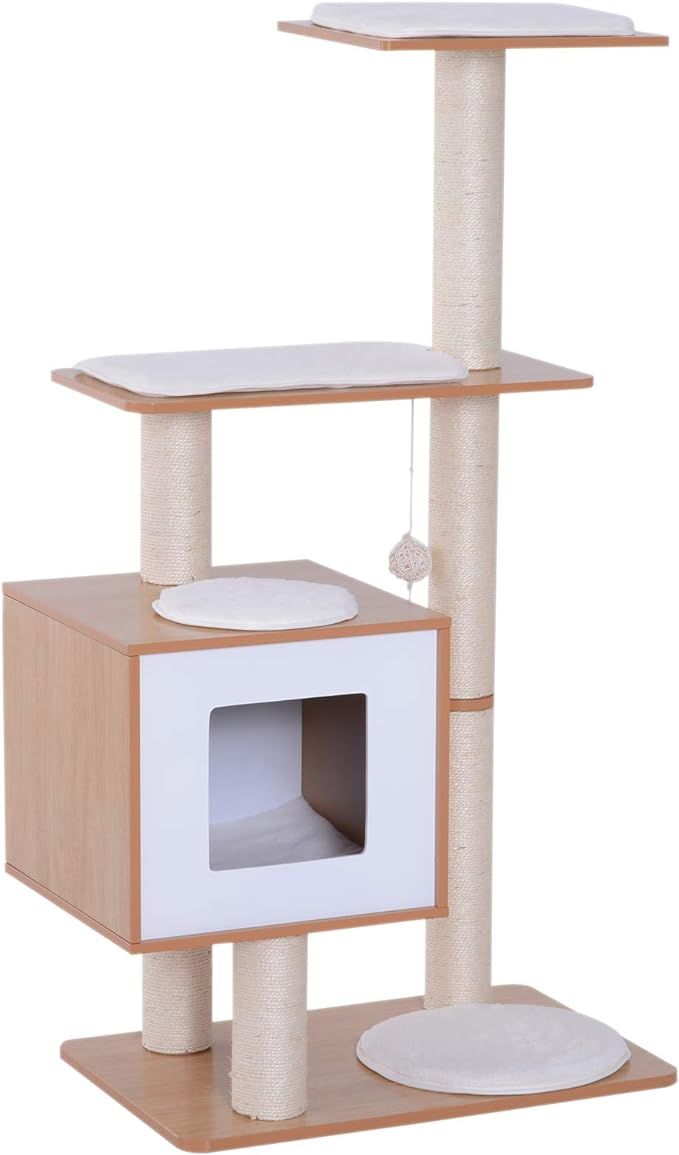 PawHut 47" Premium Wood Cat Tree Kitty Scratching Post Kitten House Condo Activity Center Modern ... | Amazon (CA)