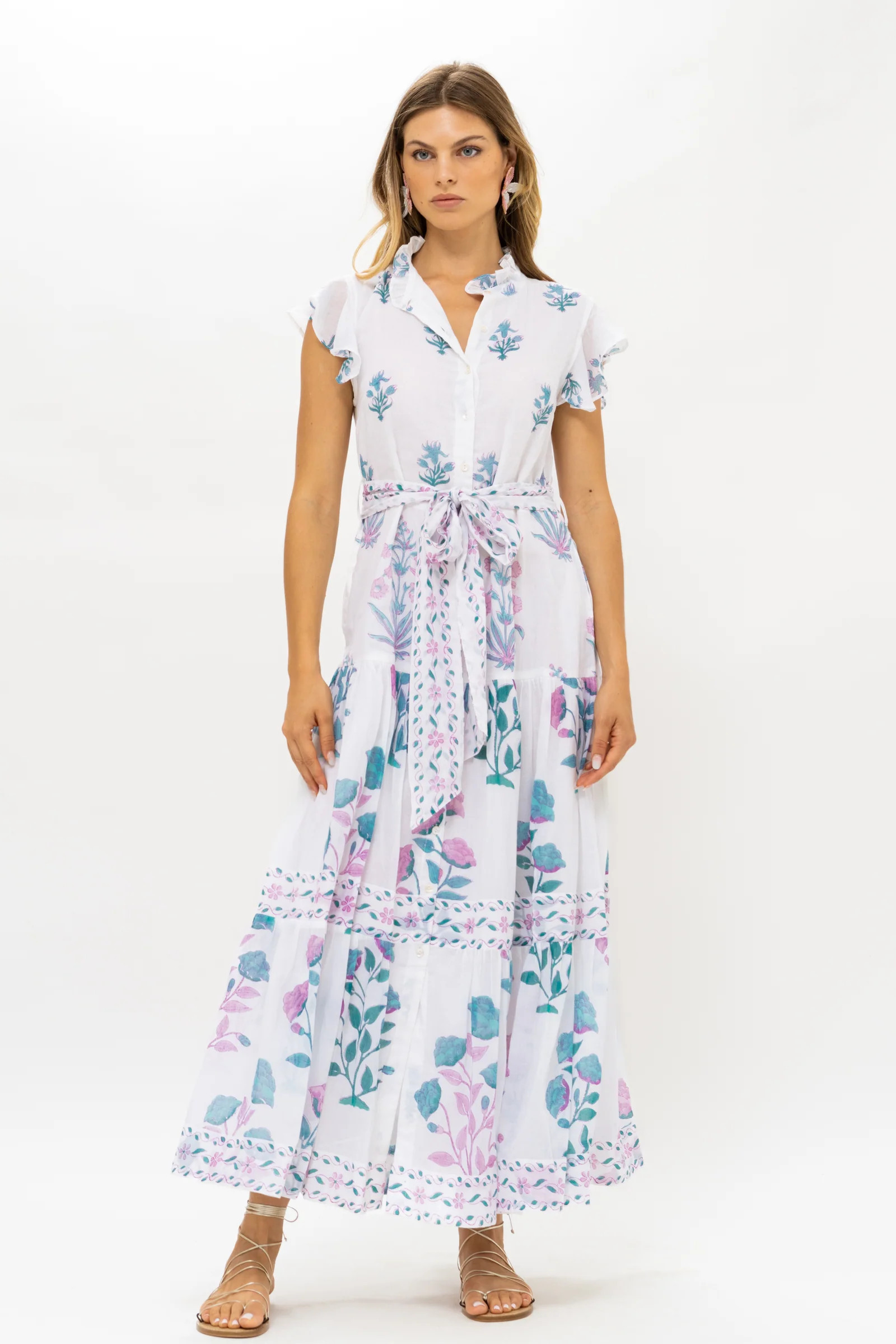 Ruffle Collar Button Maxi- Paladio Teal | Oliphant Design