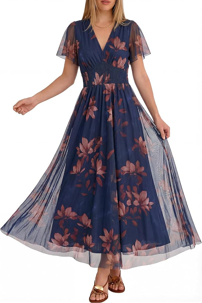 ANRABESS Women Summer Floral Maxi Dress Short Sleeve Boho Flowy Tulle Beach Vacation Wedding Gues... | Amazon (US)