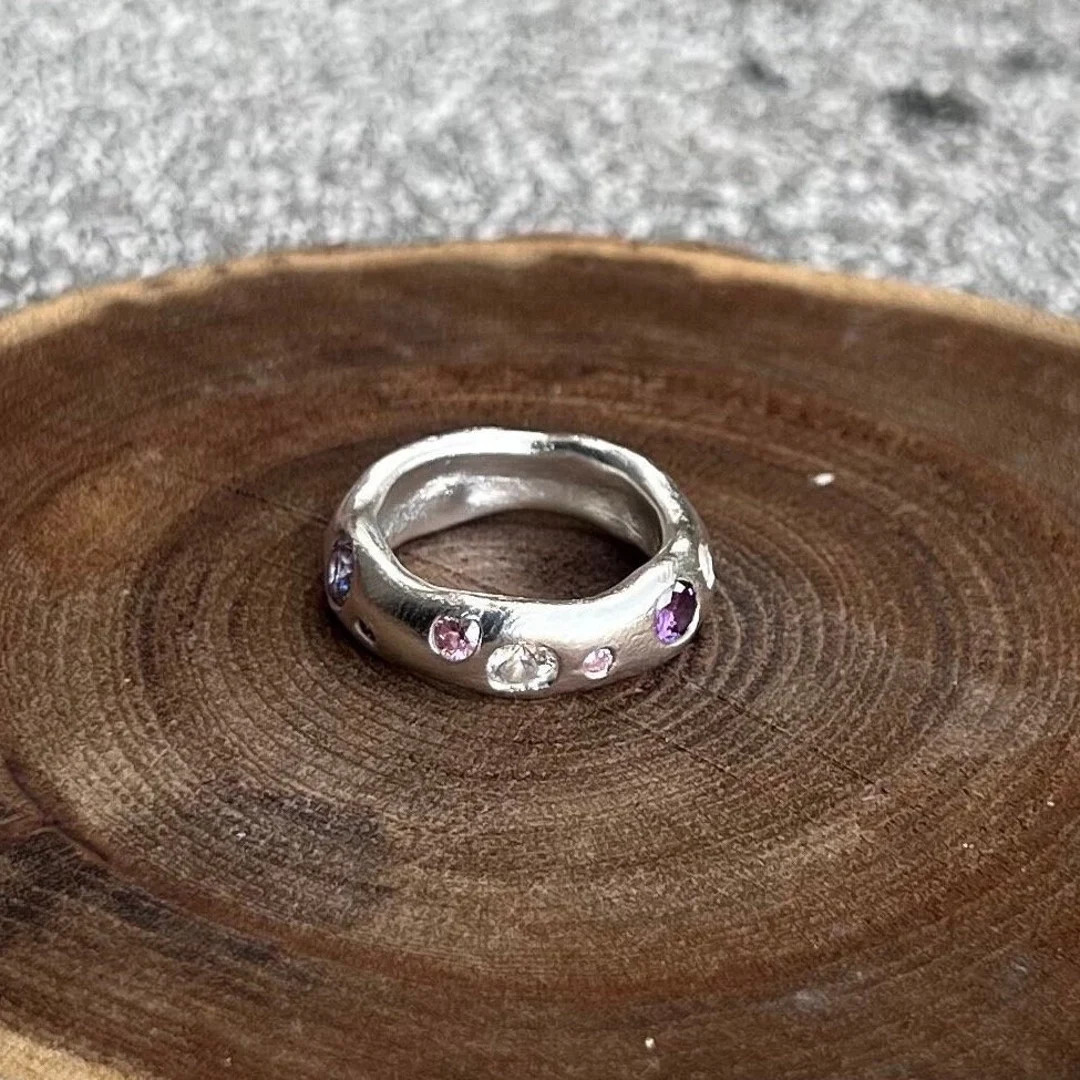 Choose Your Stone Colors/ Bespoke Pure Silver Band/ Chunky Organic Shaped Silver Band/ CZ Silver ... | Etsy (US)