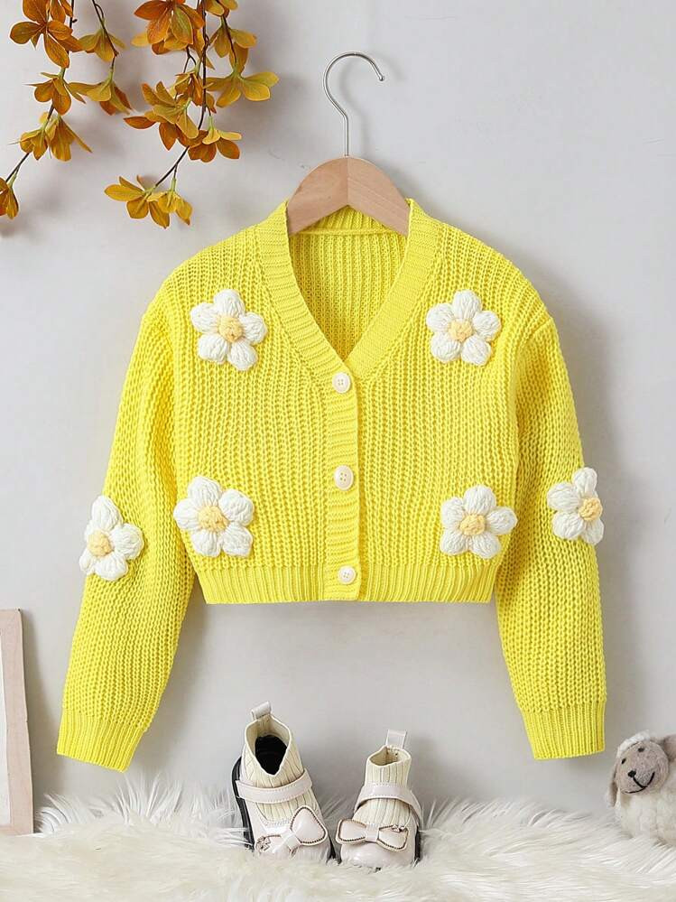 Young Girl Stereo Flower Drop Shoulder Button Front Cardigan | SHEIN