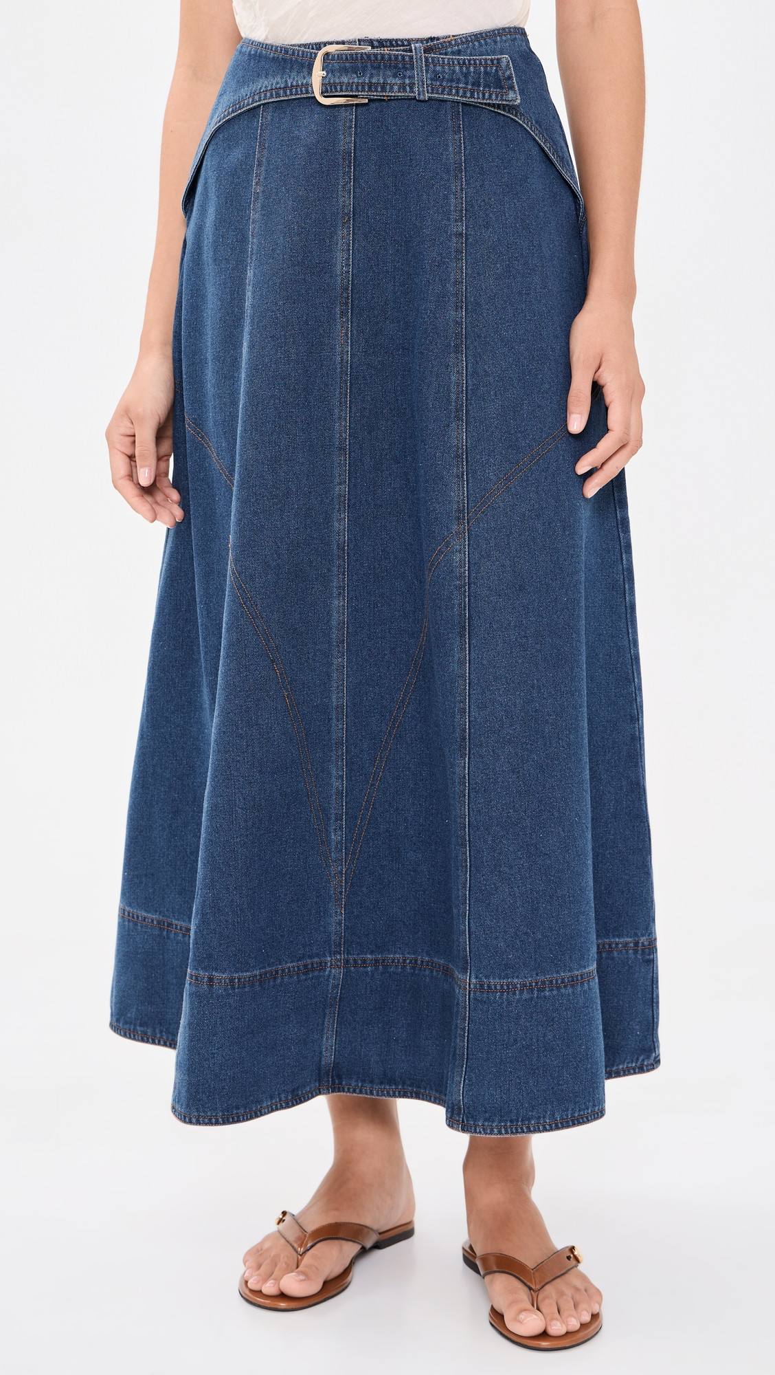 Moon River Belt Buckle Detail Denim Midi Skirt Denim Blue M | Shopbop