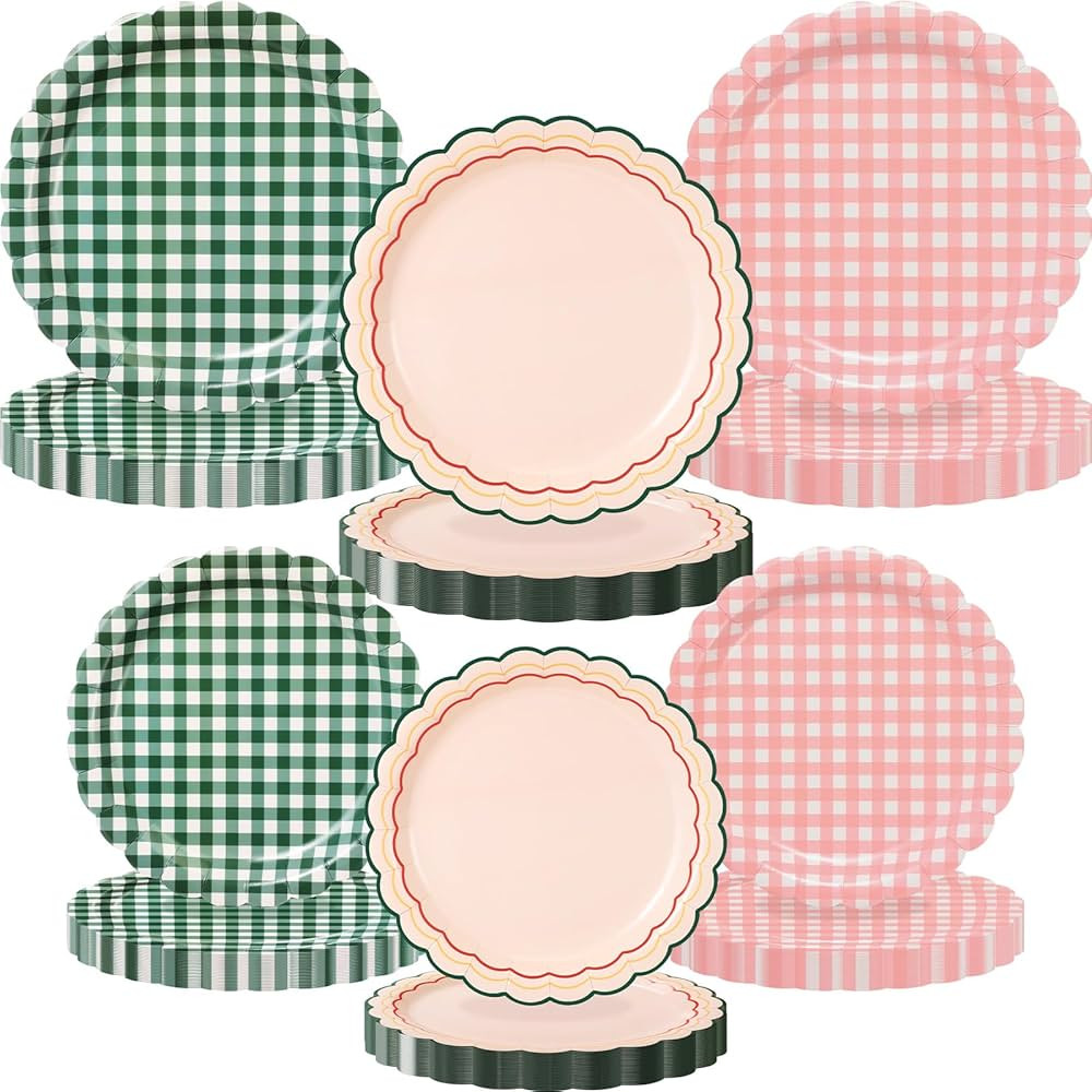 Havawish 144 Pcs Camp Gingham Paper Plates 7'' 9'' Disposable Scalloped Checkered Plates Bachelor... | Amazon (US)