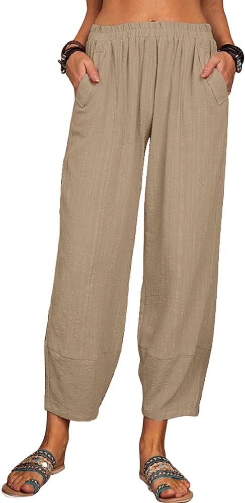 Women’s Loose Casual Wide Leg Pants Loose Lightweight Comfy Elastic Waist Lantern Tapered Cropp... | Amazon (US)