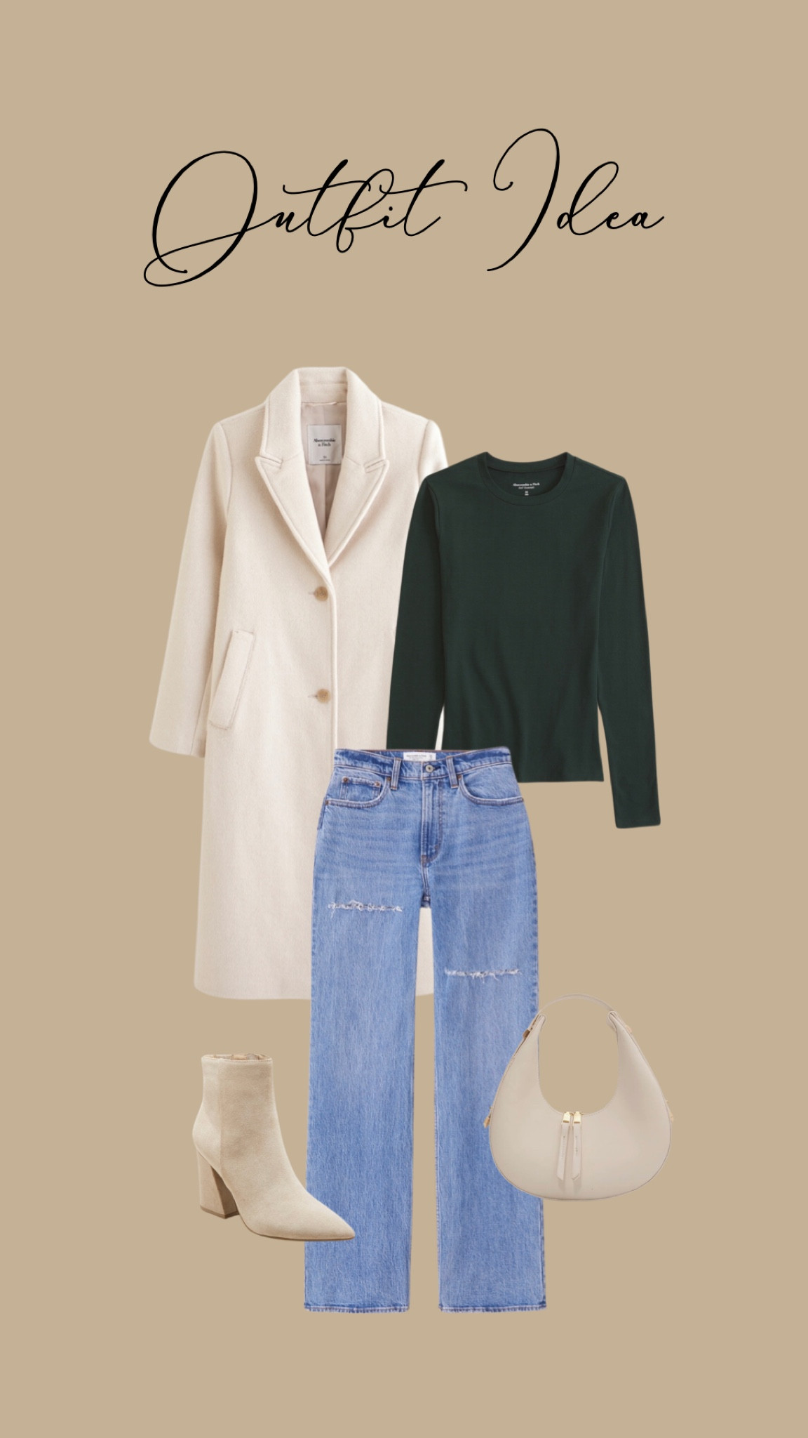 Outfit idea- Abercrombie style- casual style- tailored top coat! Tuckable long sleeve tee/ target boots on sale- amazon purse 
