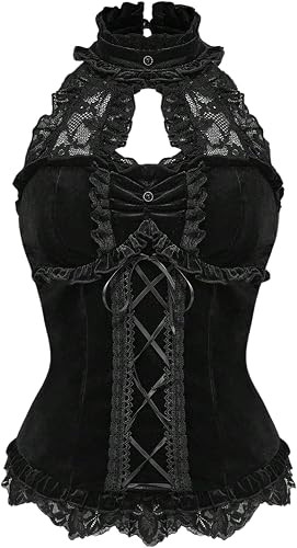 RoseSeek Women's Gothic Lolita Lace Velvet Halter Tops Ruched Ruffle Trim Slim Fit Tops | Amazon (US)