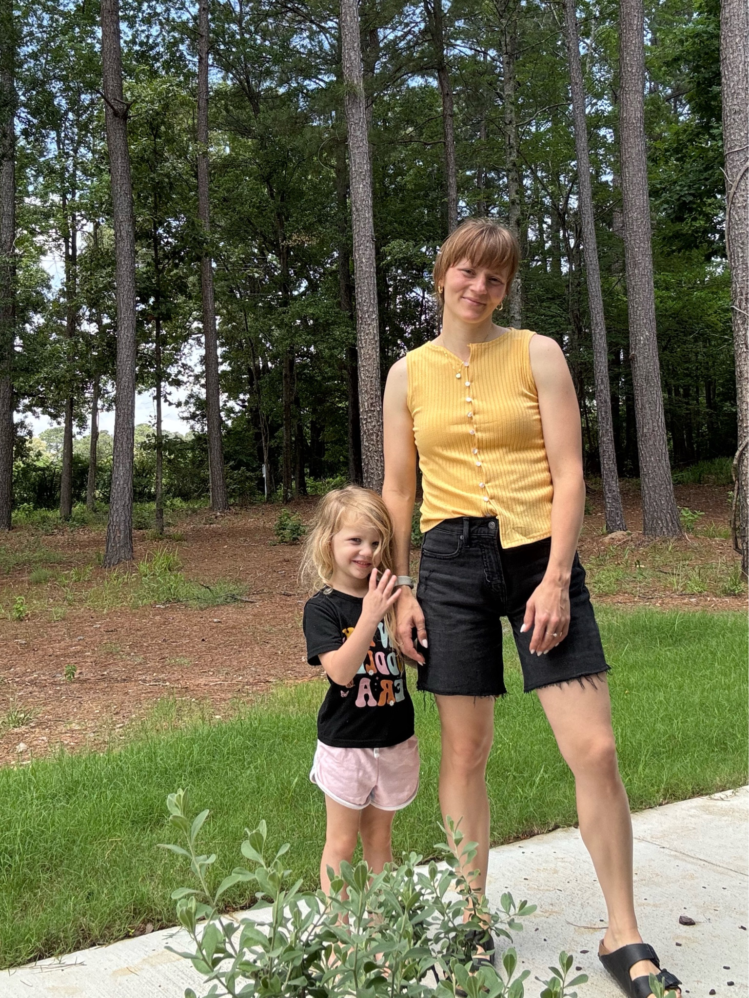 Spring / Summer OOTD - wide strap tank with buttons (TTS wearing size small) and long denim shorts (I’m 5’5”)