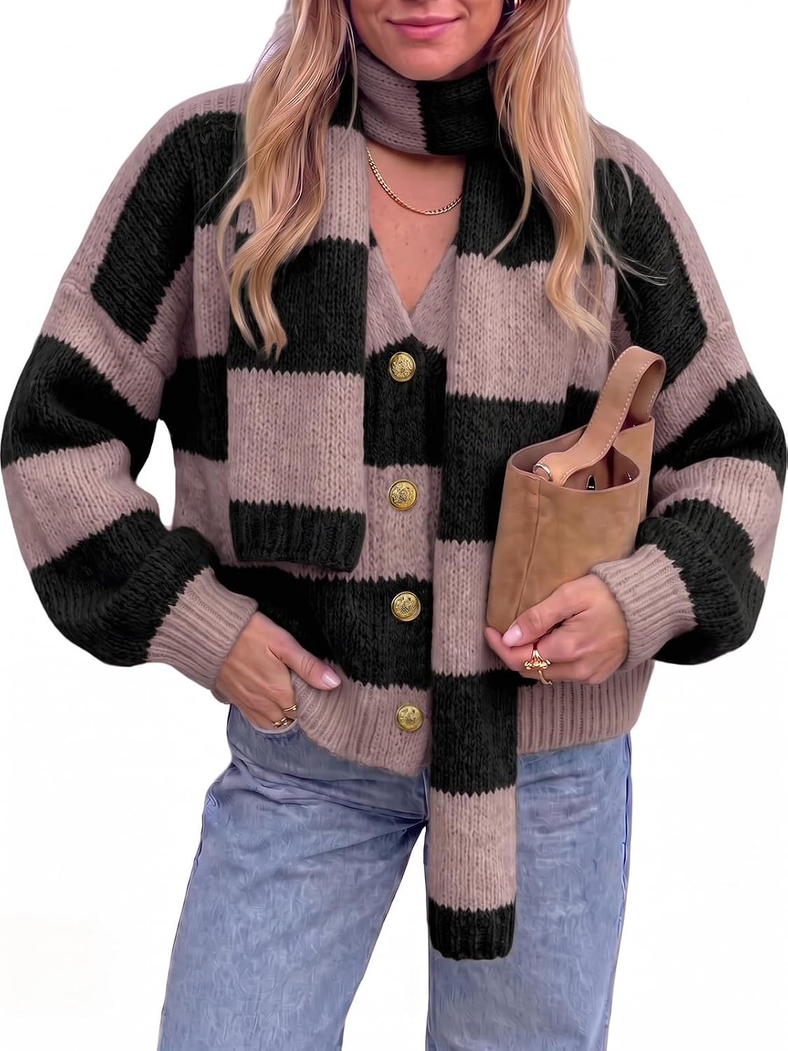 Fisoew Womens Striped Open Front Cardigan Sweaters V Neck Outerwear | Amazon (US)