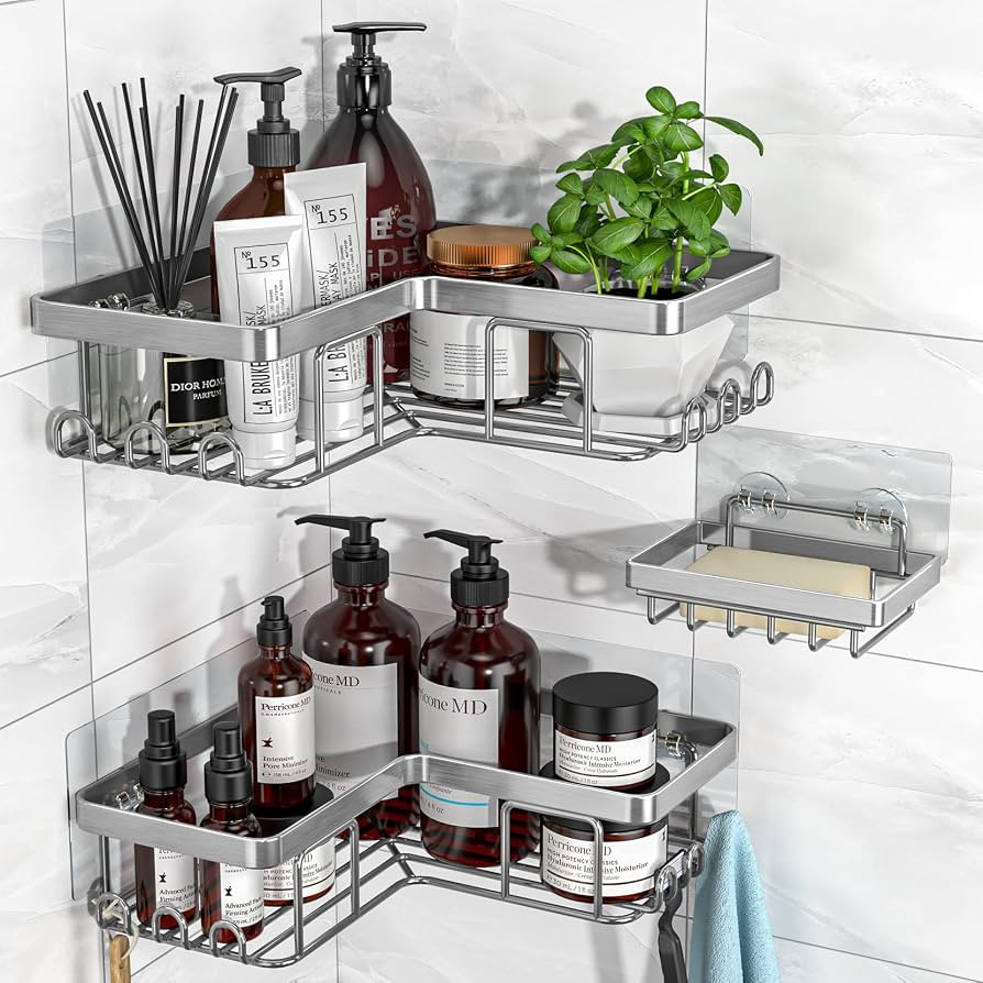 YASONIC Corner Shower Caddy, 3-Pack Adhesive Shower Caddy with Soap Holder and 12 Hooks, Rustproo... | Amazon (US)