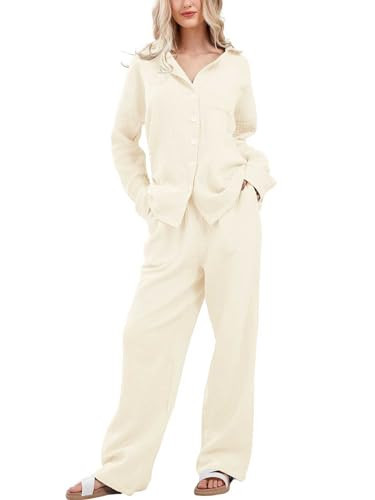 codcm Womens Pajama Sets Cotton Pj Set Cute Heart Print Long Sleeve Button Shirt With Pants(Apricot Solid,X-Small) | Amazon (US)