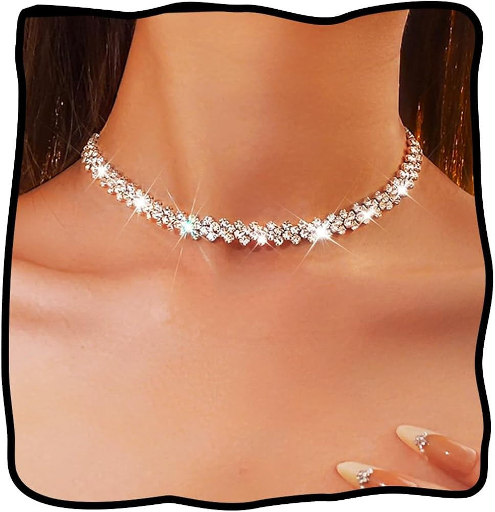 JEAIRTS Rhinestone Choker Necklace Silver Diamond Row Necklaces Sparkly Crystal Prom Jewerly for ... | Amazon (US)