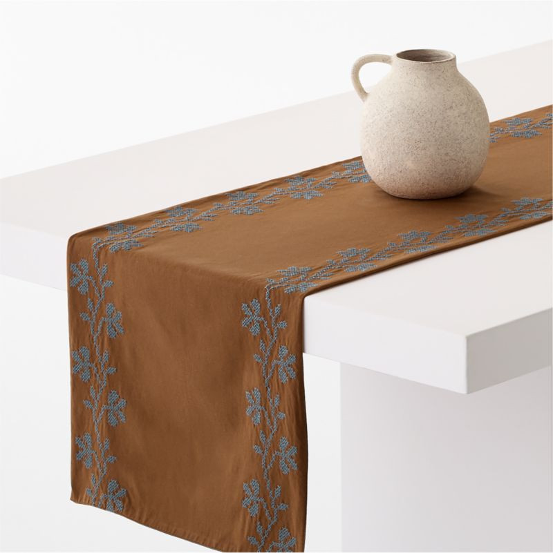 Brown Cross Stitch 120" Table Runner | Crate & Barrel