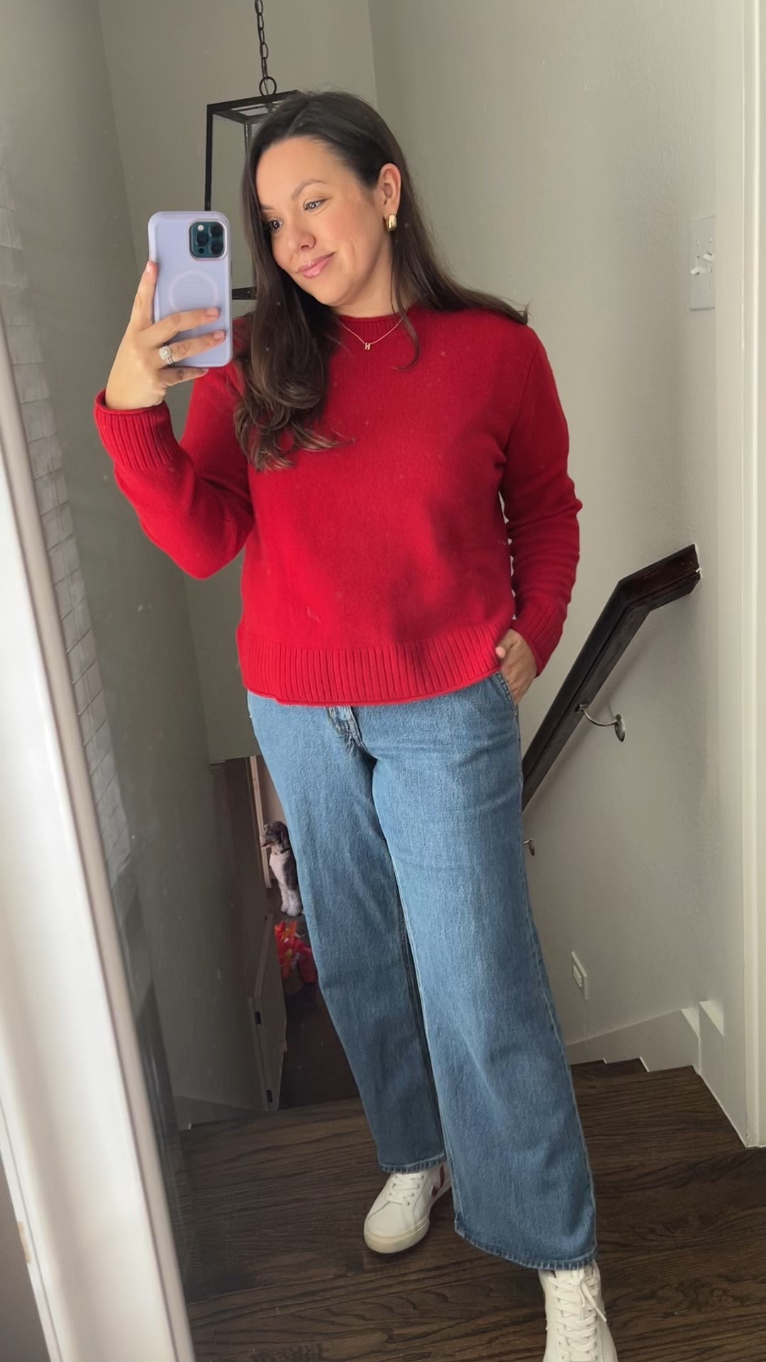 $80 cashmere boxy crewneck that’s a complete dead ringer for the Jenni Kayne sweater. Red is such a pretty shade, not too bright. Wearing a medium for a loose fit. 
Wide leg petite denim and Veja jeans 


#LTKFindsUnder100 #LTKmomlife #LTKPetite