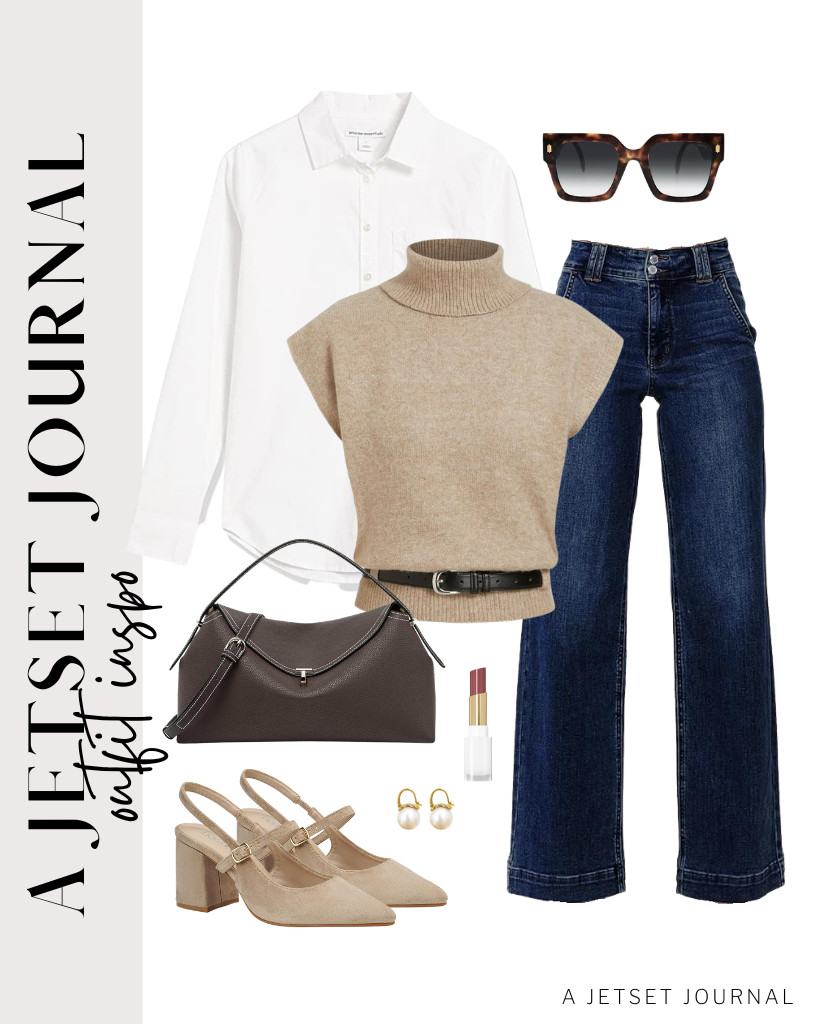 This white button-down shirt from Gleeivy, CIDER turtleneck sweater vest, and Astylish wide-leg straight jeans combination is our next outfit. This fit pairs perfectly with pointed-toe high heels and a leather crossbody bag.  

 #LTKSeasonal #LTKSaleAlert #LTKTravel