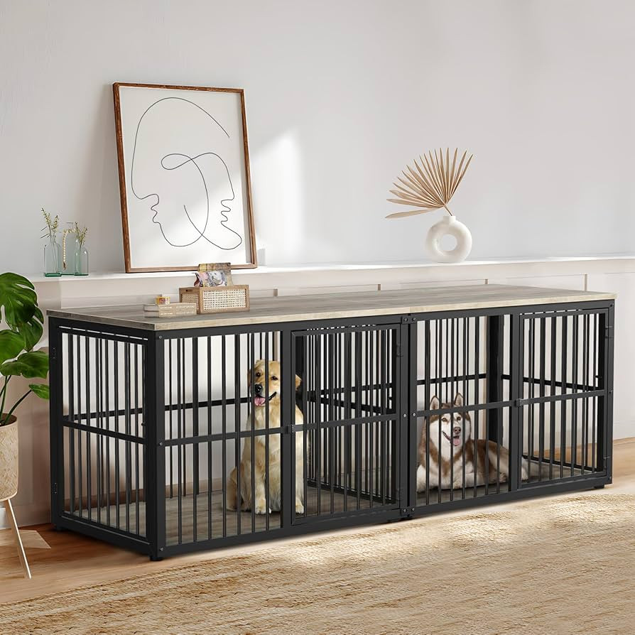 Lyromix 86.62''Dog Crate Furniture Large Breed TV Stand with Double Rooms,Wooden Dog Kennel Dog C... | Amazon (US)