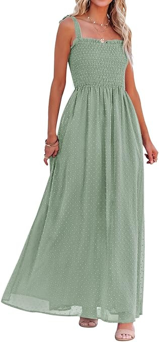 ZESICA Women's Summer Bohemian Spaghetti Strap Swiss Dot Sleeveless Smocked A Line Flowy Maxi Dre... | Amazon (US)