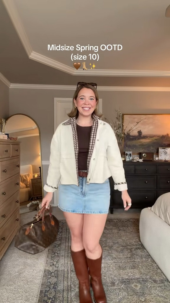 Midsize Spring Outfit 🤎 Jacket size small, skirt size 30, boots are wide calf and tts 

#LTKMidsize #LTKootd