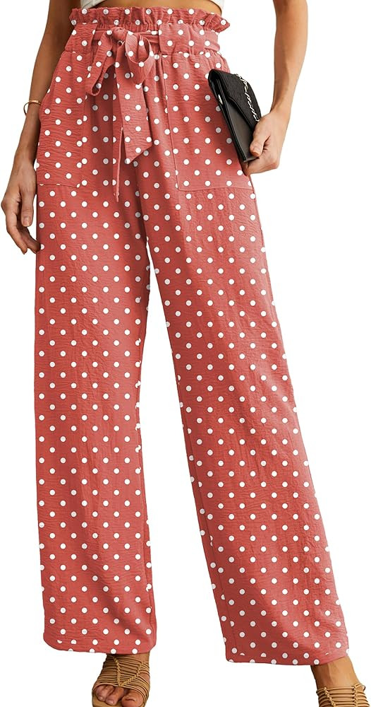 IWOLLENCE Women's Wide Leg Pants with Pockets High Waist Adjustable Knot Loose Casual Trousers Bu... | Amazon (US)