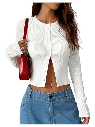 WDIRARA Women's Rib Knit Button Down Sweater Cardigan Long Sleeve Crew Neck Knitted Pullover White Small | Amazon (US)
