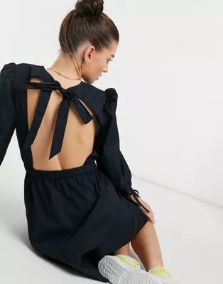 Aligne organic cotton mini smock dress with open tie back detail in black | ASOS (Global)