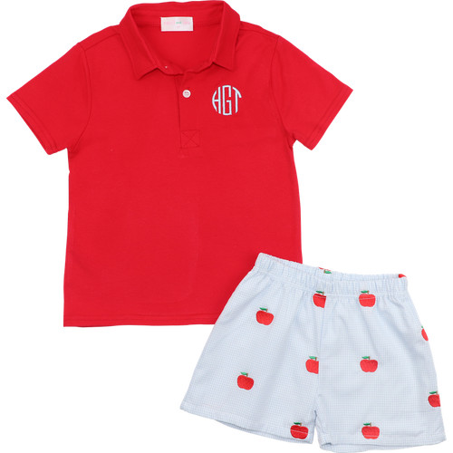 Red And Blue Gingham Embroidered Apple Polo Short Set | Cecil and Lou