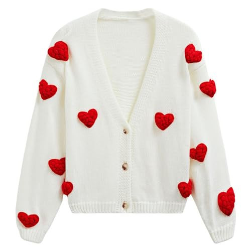 CHICWISH Women 3D Heart Open Front Cardigan Sweaters V-Neck Casual Button-Up Long Sleeve Cropped Knit Cardigan White | Amazon (US)