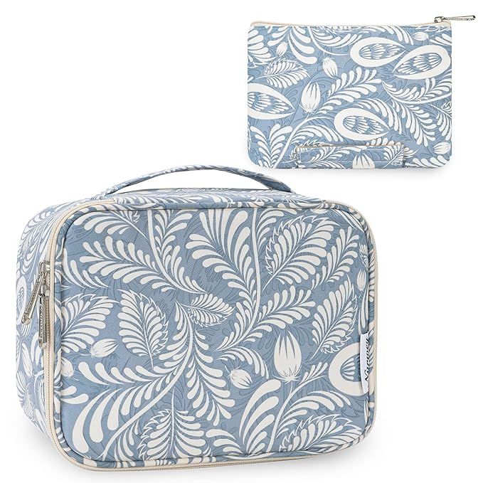 Travel Makeup Bag Large Cosmetic Bag Make up Case Organizer for Women and Girls (Blue Leaf) | Amazon (US)