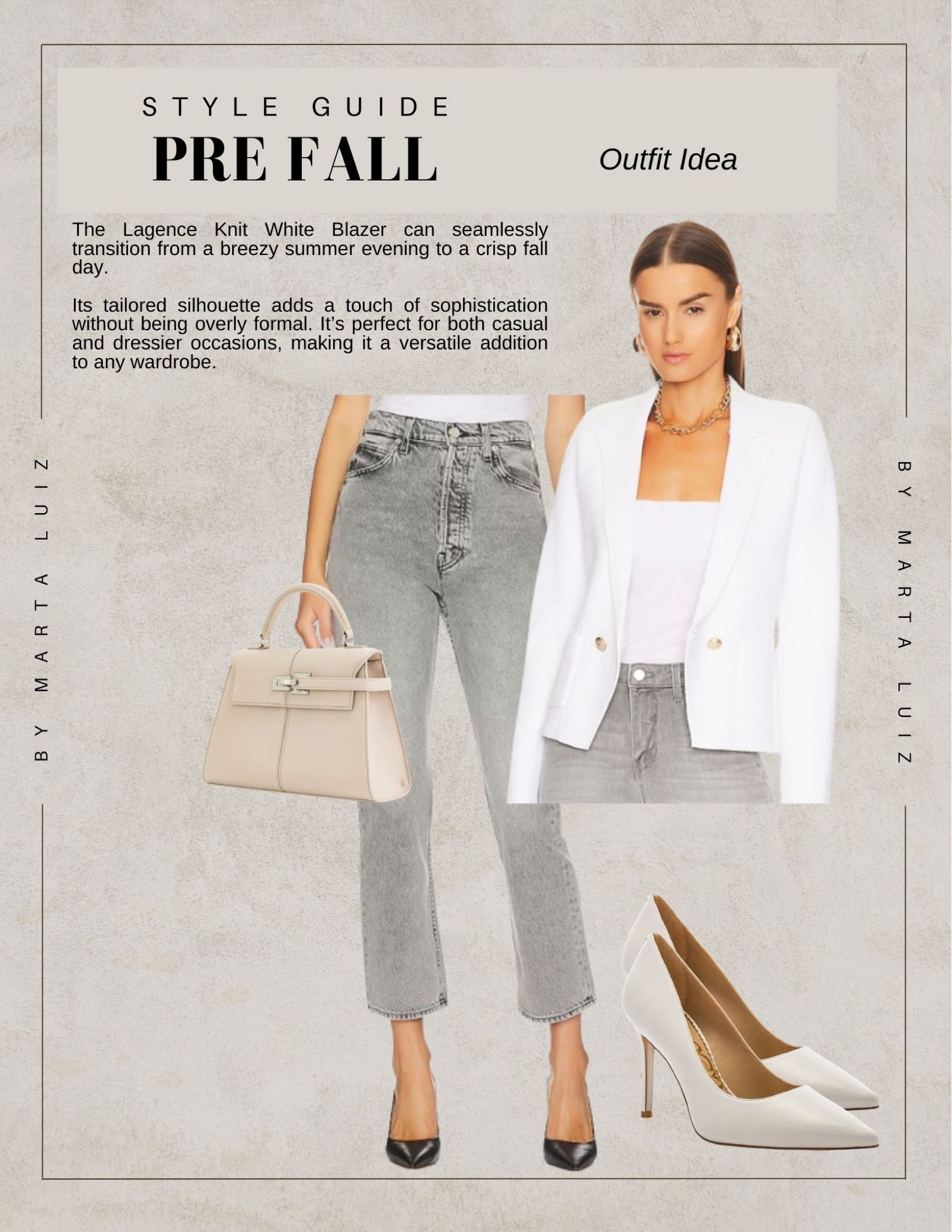 Pre Fall Outfits 

The Lagence Knit White Blazer can seamlessly transition from a breezy summer evening to a crisp fall day. 

Its tailored silhouette adds a touch of sophistication without being overly formal. It’s perfect for both casual and dressier occasions, making it a versatile addition to any wardrobe.

#LTKSeasonal #LTKSaleAlert #LTKStyleTip