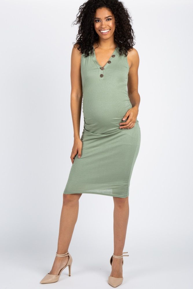 PinkBlush Sage Green Ribbed Button Front Ruched Fitted Maternity Dress | PinkBlush Maternity