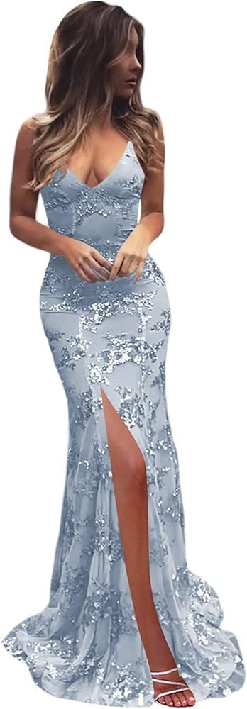 Sparkly Sequin V-Neck Prom Dress for Women 2025 Mermaid Spaghetti Straps Mermaid Formal Evening G... | Amazon (US)