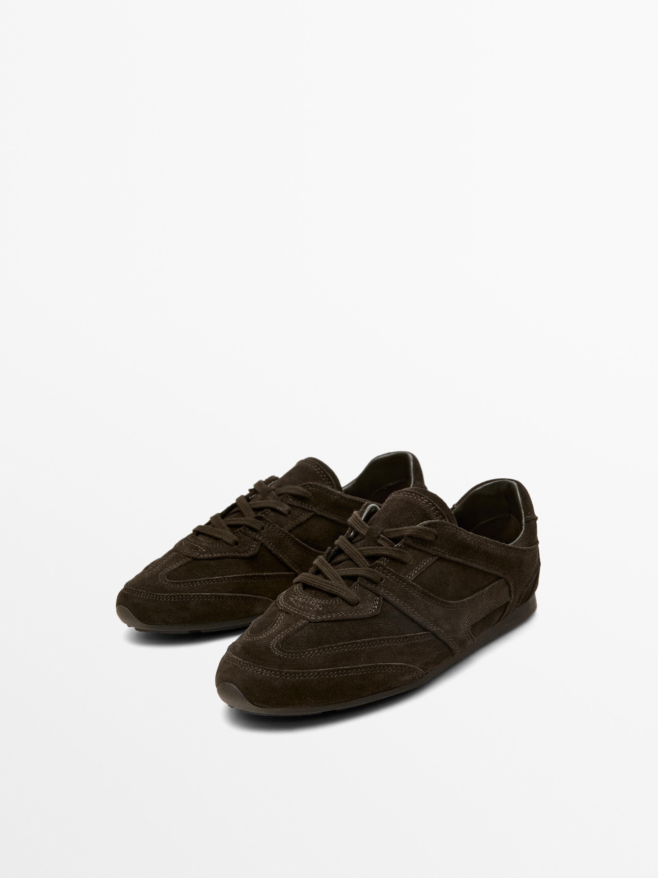 Split leather trainers with piece details | Massimo Dutti US