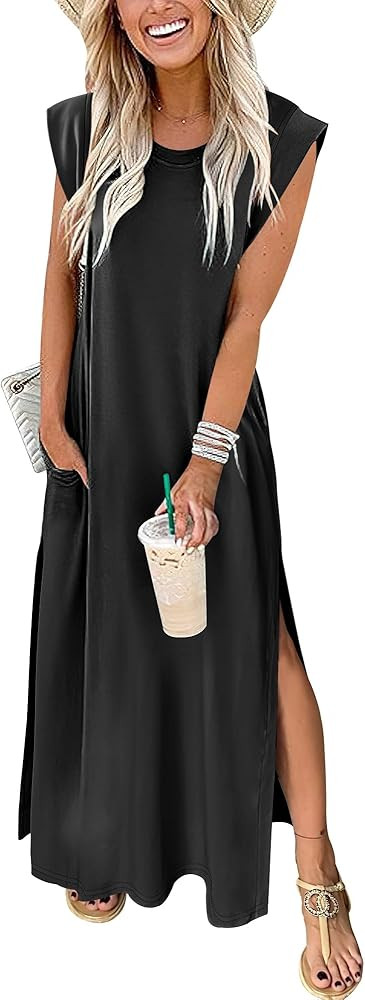 ANRABESS Womens Maxi Dresses 2025 Summer Casual Cap Sleeve Crew Neck Loose Split Beach Travel Lon... | Amazon (US)