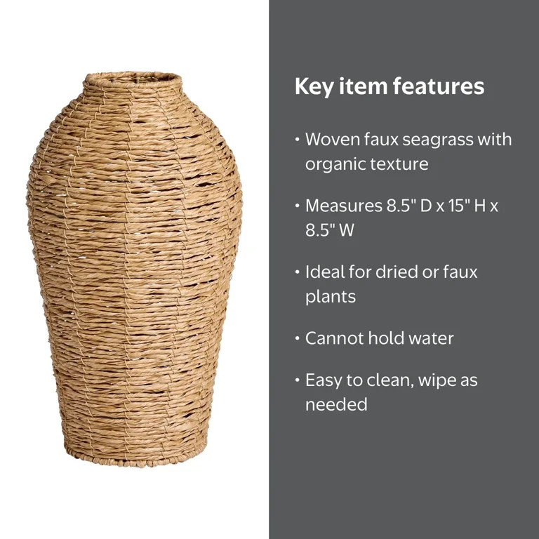Better Homes & Gardens 15" Woven Faux Seagrass Floor Vase | Walmart (US)