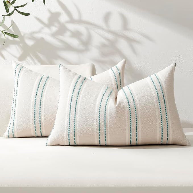 Hckot Throw Pillow Covers 12x20 Set of 2 Teal Pillow Covers Farmhouse Decorative Pillows Textured... | Amazon (US)