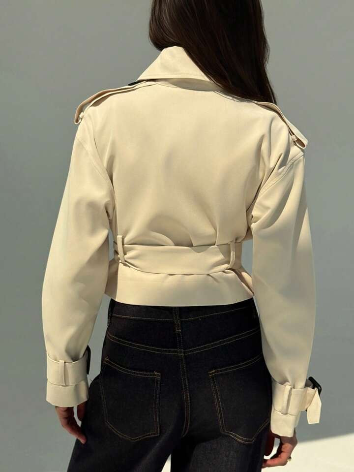 Aloruh New Khaki Versatile Crop Trench Coat With Waist Cinching, Double-Breasted Detachable Cape ... | SHEIN