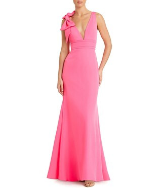 Ieena for Mac Duggal Plunging V-Neck Bow Shoulder Sleeveless Low Back Detail A-line Dress | Dilla... | Dillard's